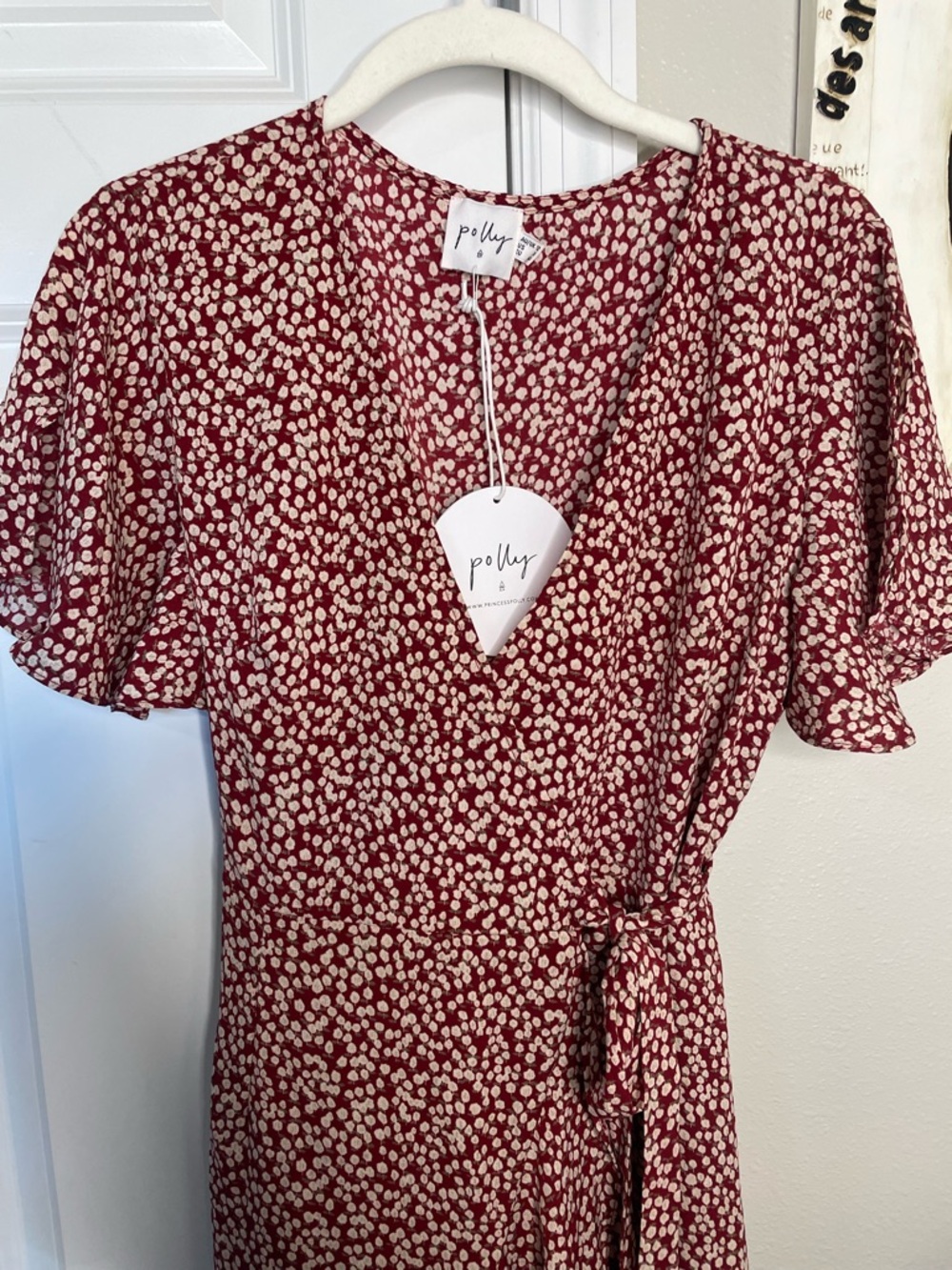 Polly 8 Red Floral Wrap Midi Dress NWT Ruffle Hem Short Sleeve Cottagecore - Picture 2 of 7